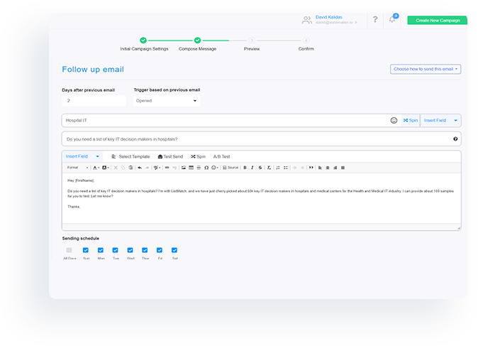 Create Email Sequence interface